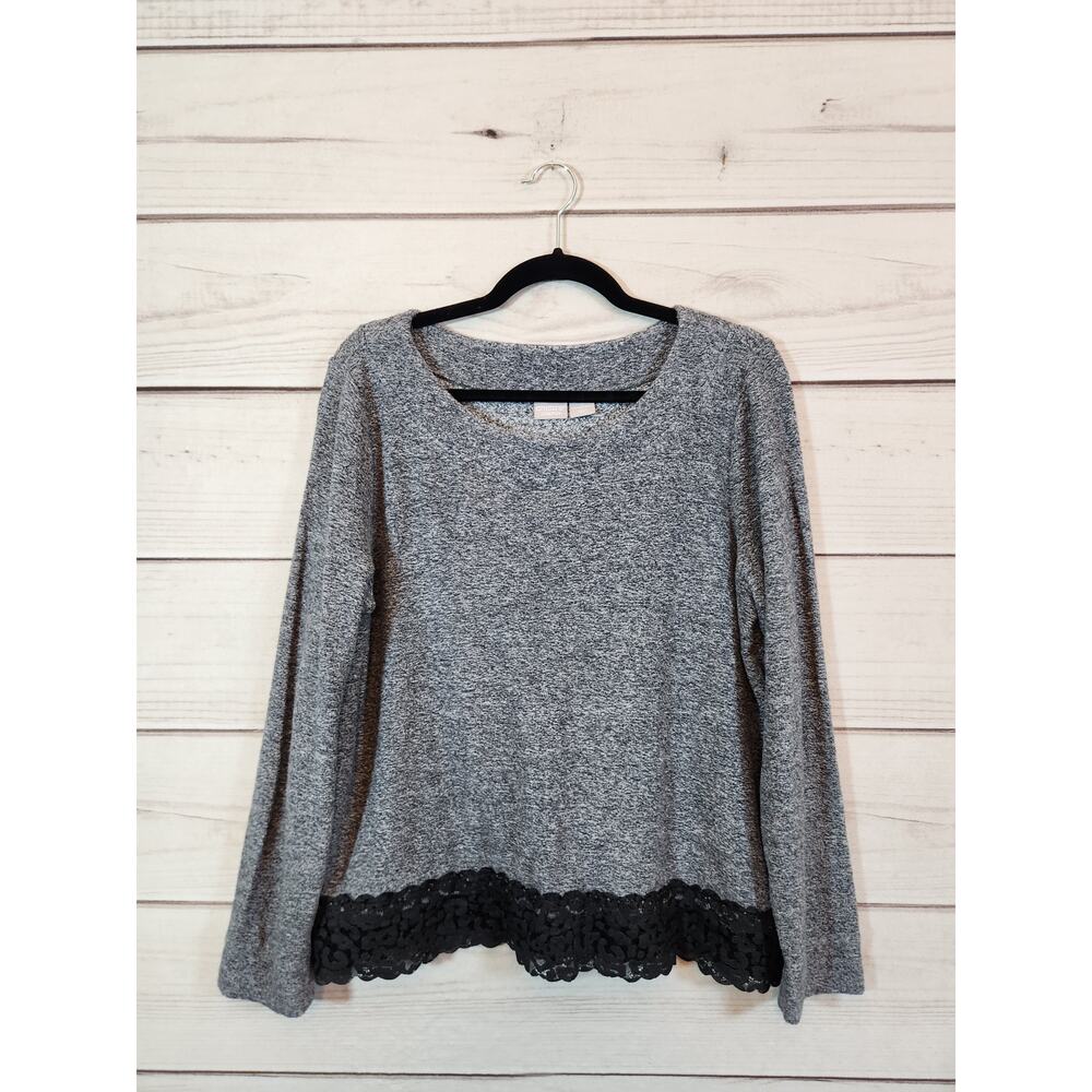 Chico's Zenergy Women's Gray Solid Lace Trim Long Sleeve Sweater Size 12/14